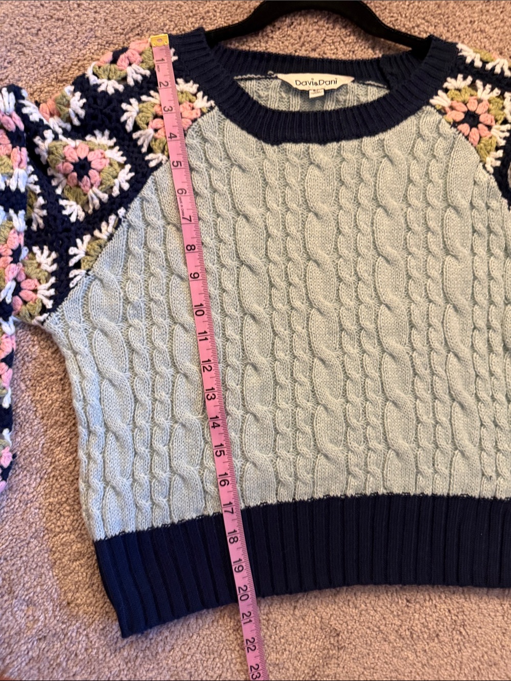 DAVI & DANI Navy and Light Blue Crochet Floral Sleeve Cable Knit Sweater - Picture 14 of 16